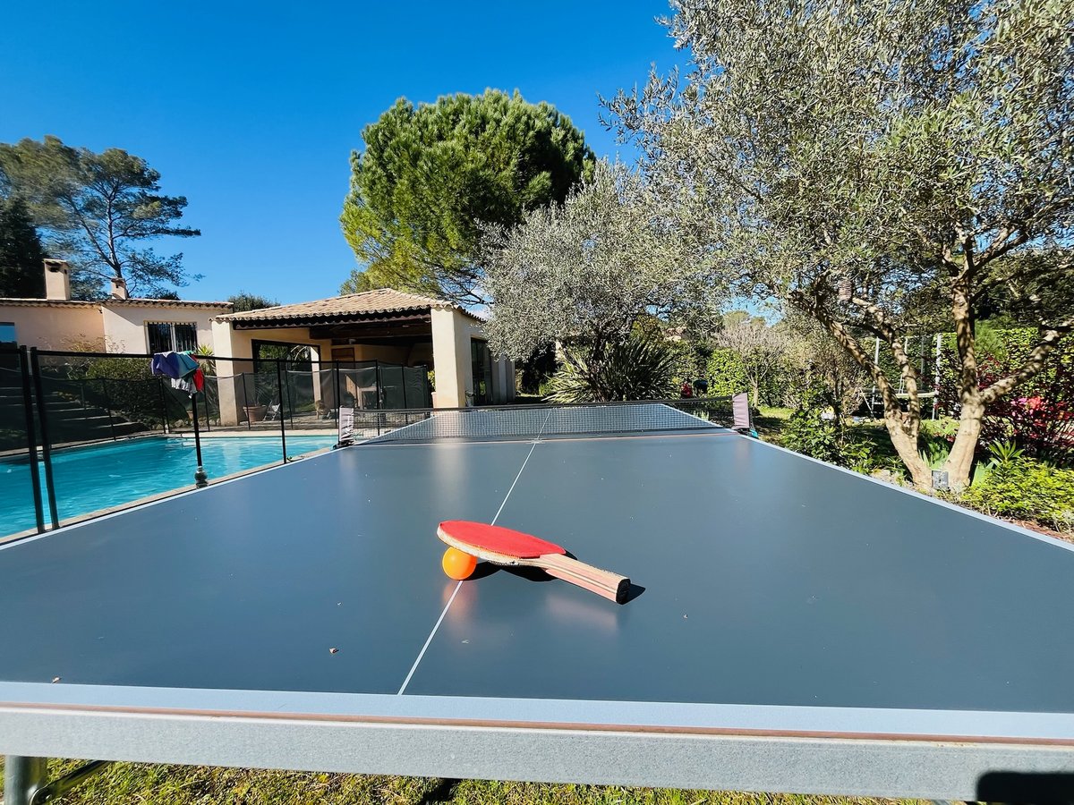 Table de ping-pong avec piscine et pool house